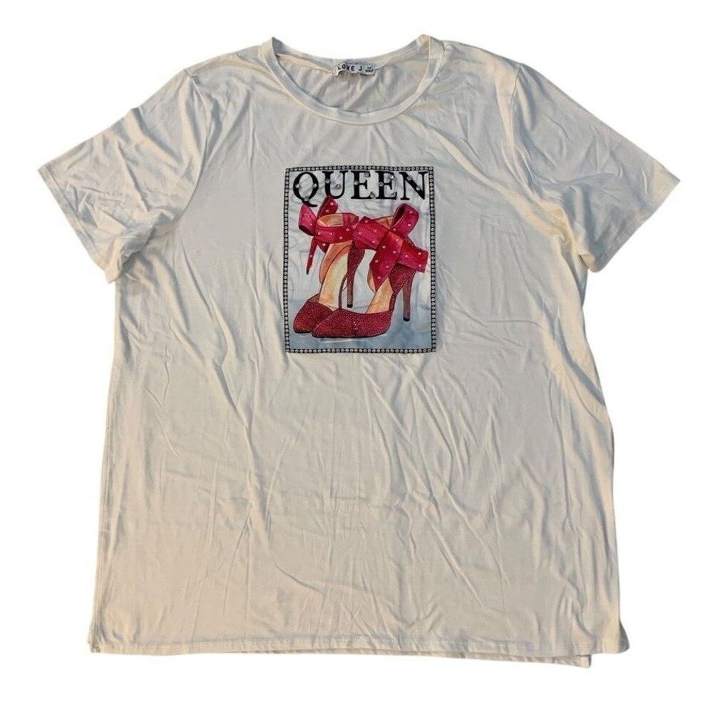Love J Women's size 3X White Queen Red Glitter Shoes T-Shirt High Side Slits
